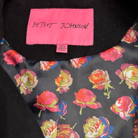 Betsey Johnson Black Wool Blend Swing Coat Jacket | Floral Rose Lining High Neck - Picture 9 of 16